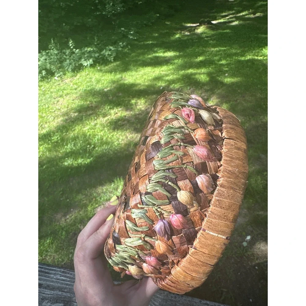 Vintage Woven Straw Basket with Raffia Tulip Floral Embroidery Boho grannycore